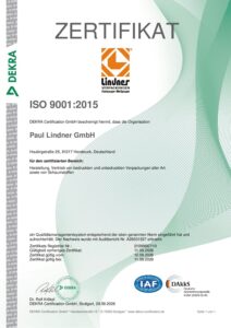 ISO 9001:2015 Zertifikat Paul Lindner GmbH, gültig bis 11.09.2029
